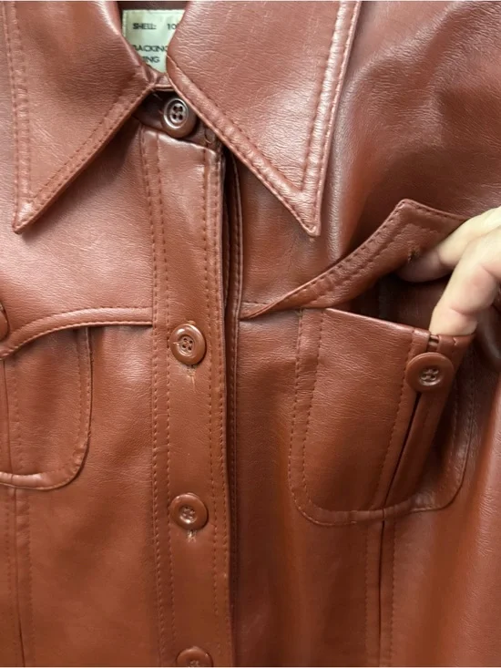 Vintage Brown Faux Leather Belted Jacket Womens M Western Shacket - Picture 11 of 11